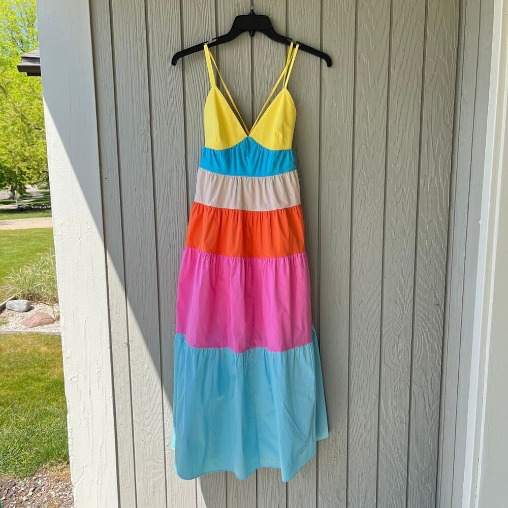 STAUD Cleo Rainbow Colorblock Tiered Maxi Dress NWOT M Resort